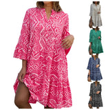 Women Floral Print Maxi Dress Fashion Casual V Neck Long Dress Plus Size Summer Boho Dress Ruffle Three Quarter Sleeves Dresses - Lootquake