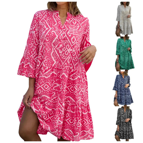Women Floral Print Maxi Dress Fashion Casual V Neck Long Dress Plus Size Summer Boho Dress Ruffle Three Quarter Sleeves Dresses - Lootquake