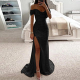 Sexy Sequin Evening Party Prom Long Dress Women Elegant V-Neck Gown Dress Off Shoulder Slim High Split Gown Female Vestidos - Lootquake