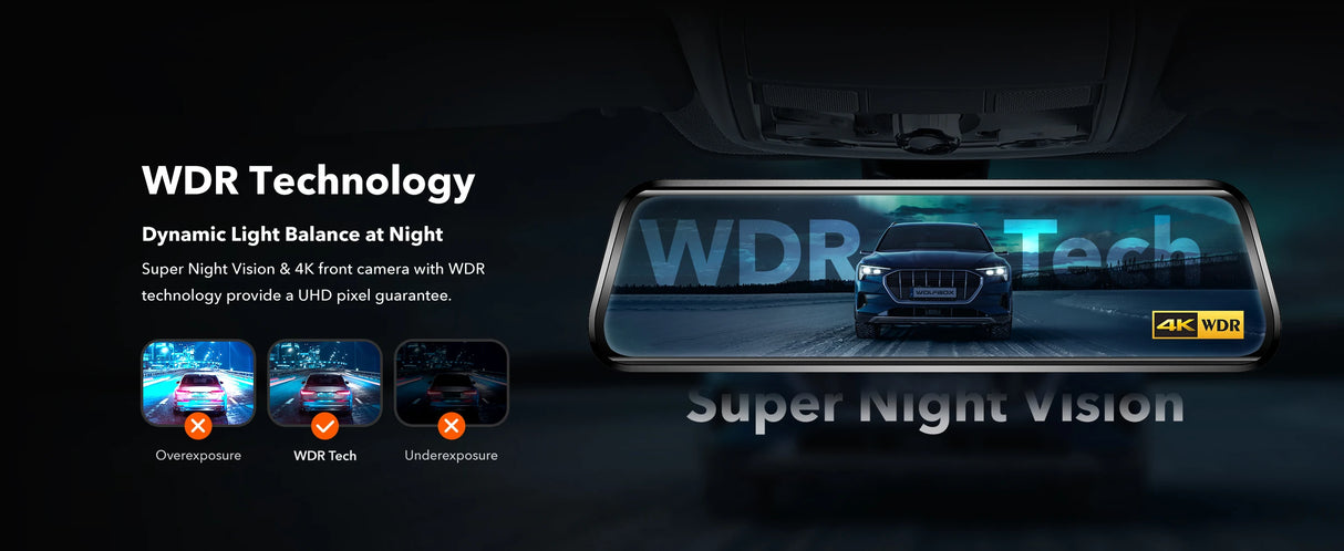 WOLFBOX G930 Caméra de tableau de bord 10 pouces Wifi 4K DVR pour voiture FOV 140° Caméra de tableau de bord avec rétroviseur, vue de stationnement 24h/24, écran tactile, enregistreur vidéo