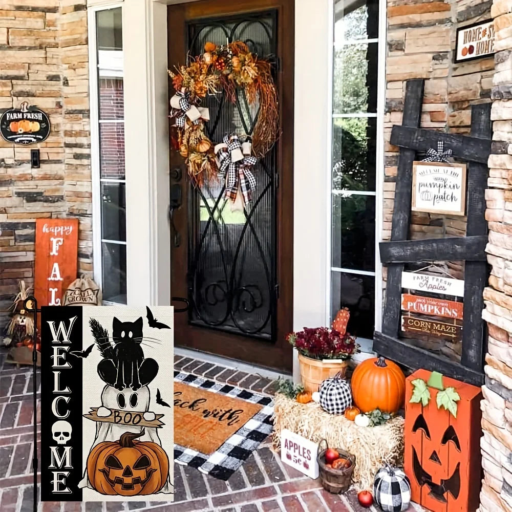 Drapeau rustique de bienvenue pour Halloween, décoration double face verticale en toile de jute, crâne, chat noir, fantôme, lampe citrouille, chauves-souris, décoration de jardin extérieure