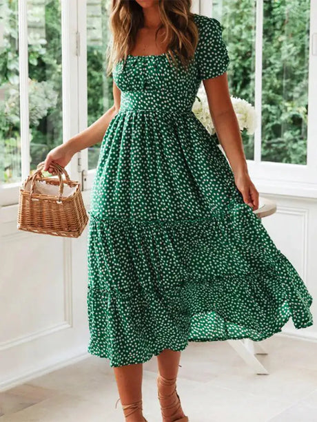 Vestidos Vintage Vintage Print Puff Sleeve summer Beach sweet dresses Casual Square collar floral maxi long dress 2024 festa - Lootquake