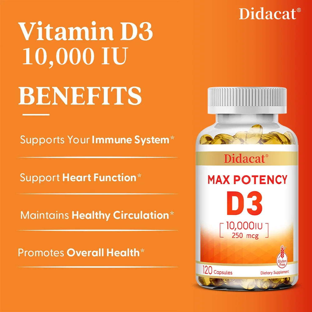 Vitamina D3 10.000 UI - Huesos fuertes, corazón y refuerzo inmunitario - Suplemento sin OMG ni gluten