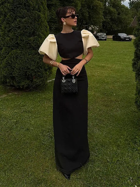 Elegant Puff Sleeve Long Dress For Women 2025 Sexy Hollow Out Waist Evening Party Dresses Female Vacation Lady Chic Beach Robe - Lootquake