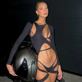 Women Long Sleeve Sexy Bodysuit Top Patchwork Bodycon Club Party Tie Up Body Outfit jumpsuit Basic Black Overalls Casual suits - Lootquake