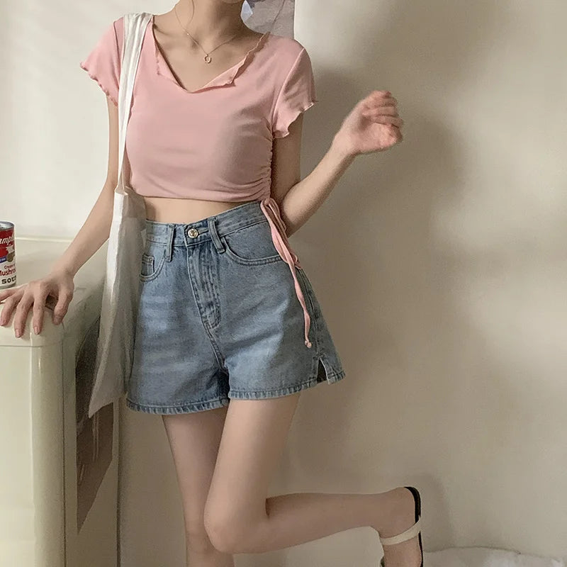 High Waist Wide Leg Short Jeans Women's Spring Thin Loose Versatile Student Hot Pants Slit Design Summer Casual Cotton Shorts - Lootquake