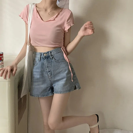High Waist Wide Leg Short Jeans Women's Spring Thin Loose Versatile Student Hot Pants Slit Design Summer Casual Cotton Shorts - Lootquake