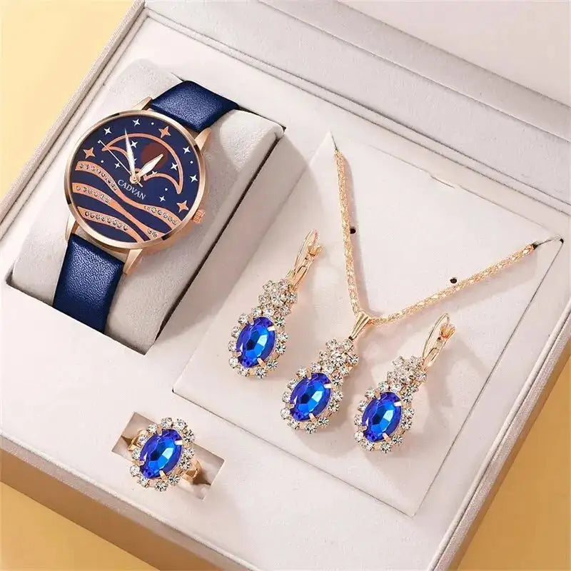 5pcs Set Women Fashion Quartz Watch Female Clock Moon Dial Luxury Brand Design Women Watches Simple Ladies Watches - Lootquake