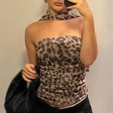 Women's Sleeveless Top Summer Fashion Leopard Print Slim Strapless Backless Scarf Tube Tops Retro Sexy Vest - Lootquake