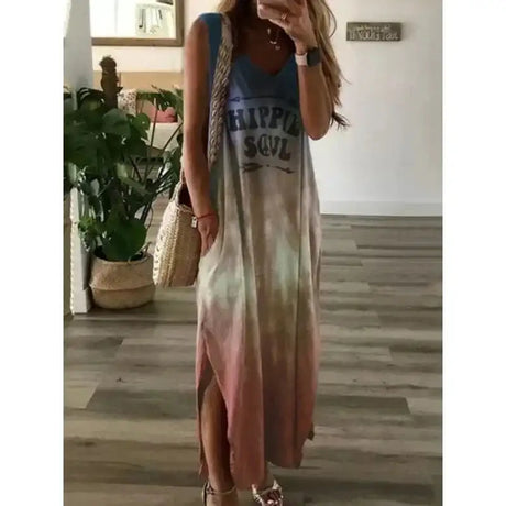 Women's Oversized Sleeveless Pocket Long Dress Women's Tie Dyed Letter Long Dress Casual Loose Slit Gradient Printed Dress - Lootquake