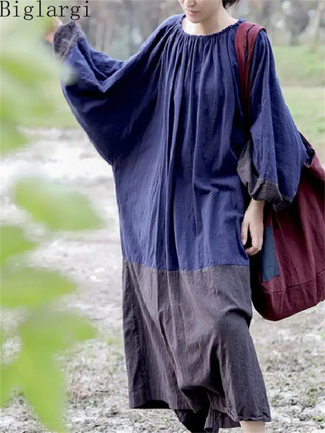 Oversized Spring New Women Big Size Robe Dress Korea Casual Loose Ladies Pullover Cotton Linen Dresses Woman Blue Long Dress - Lootquake