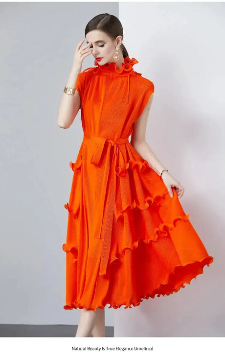 Miyake Pleated Shoulder Bag Heavy Industry Wood Ear Edge Pleated Lace-up Belt Long Dress Stand Collar Plus Size Women's Clothing - Lootquake