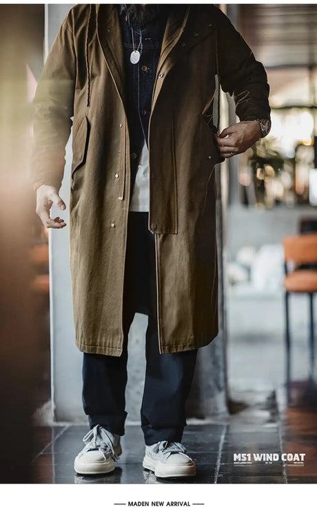Maden Retro M51 Hooded Windbreaker Loose Fit Cotton Zipper Mid-length Jacket Versatile Solid Color Outerwear for Men's Autumn - Lootquake