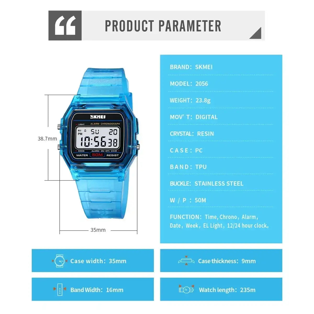 SKMEI Transparent TPU Strap Ladies Wristwatch Shockproof Back Light Display Stopwatch Digital Watches Women 2056 reloj mujer - Lootquake