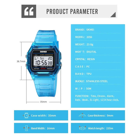 SKMEI Transparent TPU Strap Ladies Wristwatch Shockproof Back Light Display Stopwatch Digital Watches Women 2056 reloj mujer - Lootquake