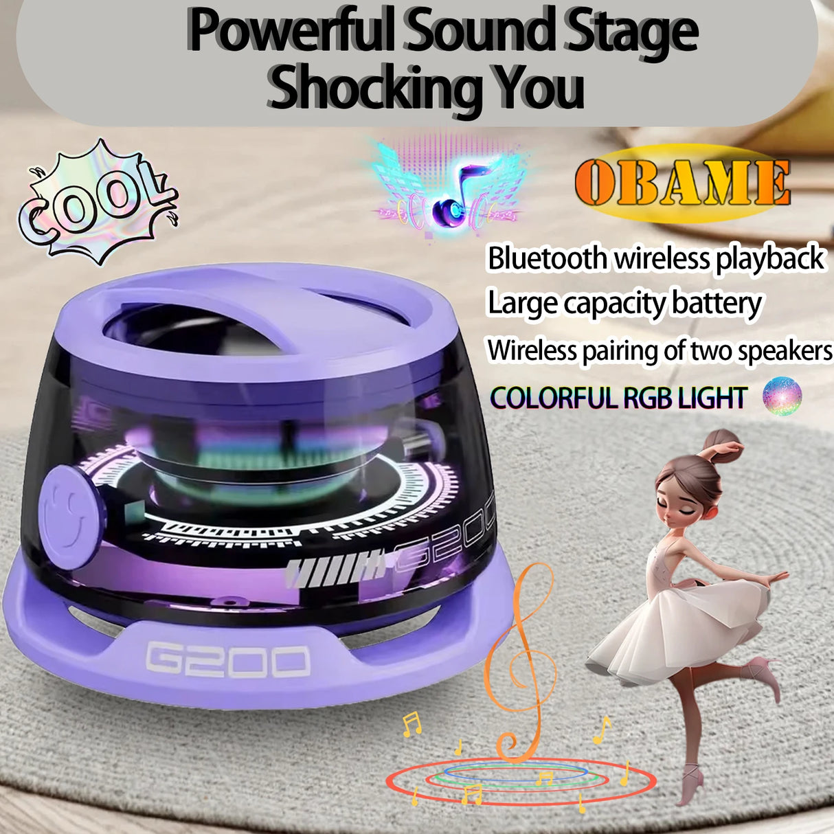 Minialtavoz Bluetooth portátil G200 con iluminación RGB, altavoz magnético BT5.3, minicaja de sonido, 7 horas de reproducción, soporte para teléfono, novedad de 2025