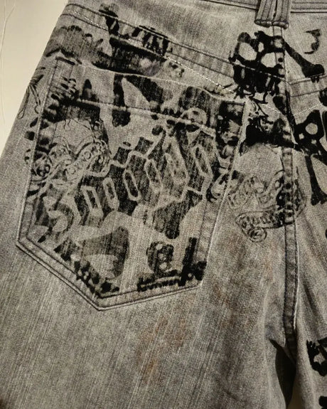 2023 New American Harajuku retro skull print straight high waist Y2K women's washed grey jeans Streetwear Gothic wide trousers - Lootquake