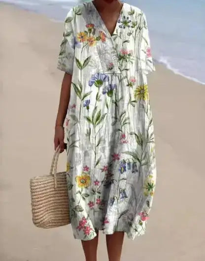 Casual Short Sleeved V-neck Big Swing Dress 2024 New Women's Loose Printed Long Dress Female Retro Flower Print Pullover Dresses - Lootquake