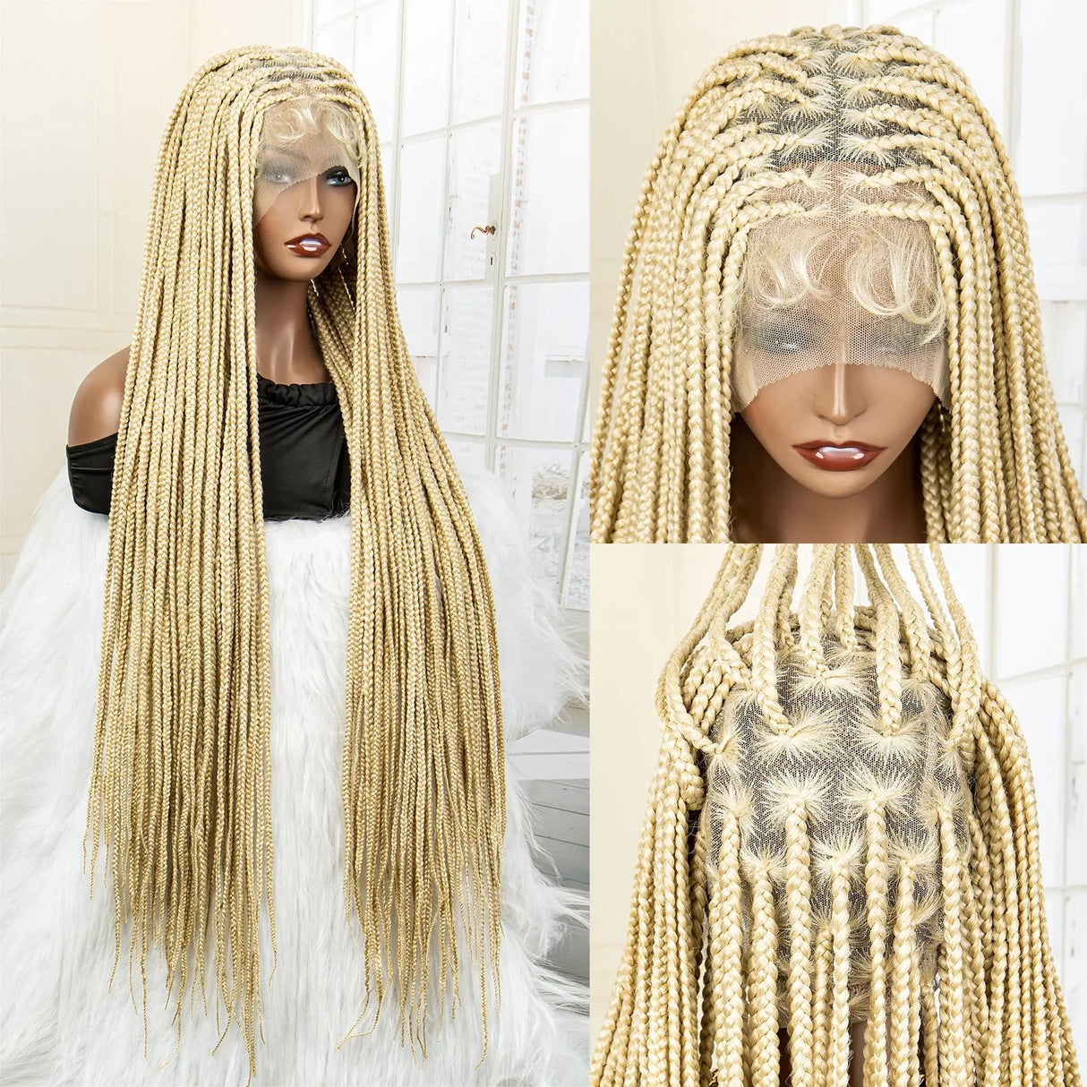 36" 613 Full Lace Knotless Box Braided Wig | Transparent HD Lace | Baby Hair | Synthetic Wig for Black Women