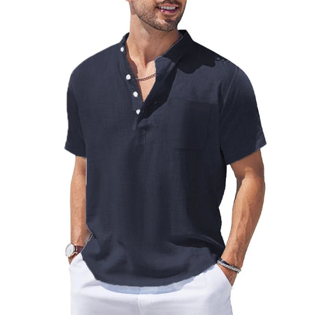 New Mens Henley Short Sleeve Casual Shirt Summer Cotton Shirts Beach Shirts Banded Collar Tshirts lightweight Shirts with Pocket - Lootquake