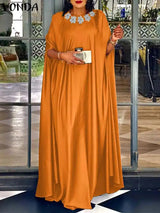 VONDA 2024 Elegant Women Satin Long Dress Autumn Maxi Sundress Elegant O-Neck 3/4 Bat Sleeve Casual Vestido Party Robe Oversize - Lootquake