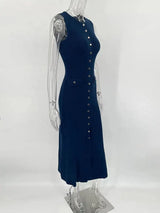 Fashion Knitted Long Dress For Women Elegant Sleeveless Button Maxi Sweater Bodycon Dresses Female Party Fashion Vestidos 2024 N - Lootquake