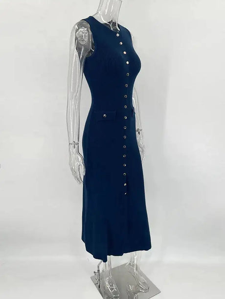 Fashion Knitted Long Dress For Women Elegant Sleeveless Button Maxi Sweater Bodycon Dresses Female Party Fashion Vestidos 2024 N - Lootquake
