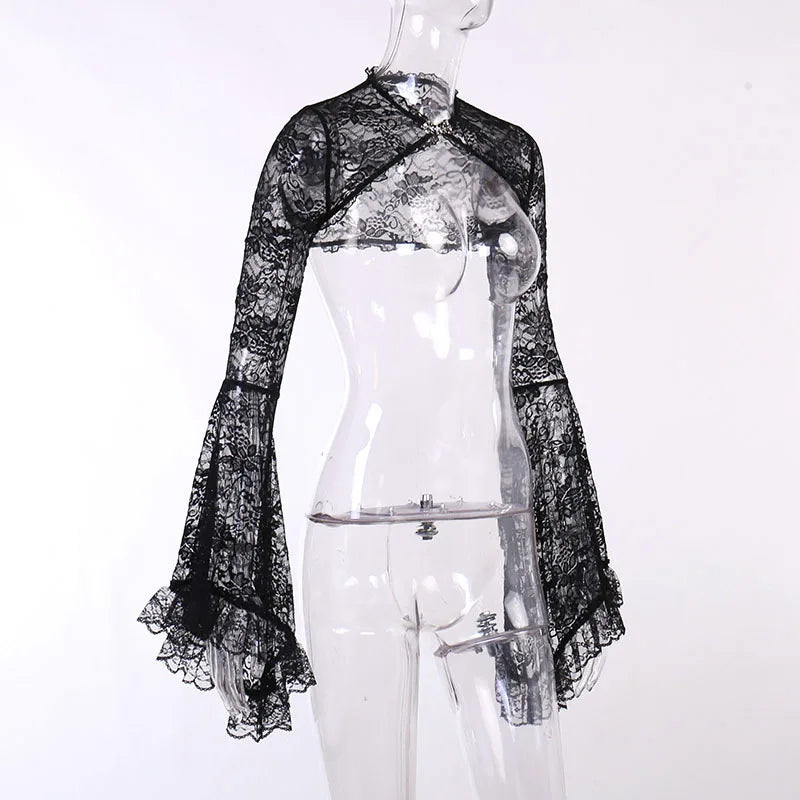 Lace Shrugs Sheer Crop Tops Long Bell Sleeves Cardigan Women Dark Gothic Wedding Punk Sexy Crochet Bolero Cover Up Shirt - Lootquake