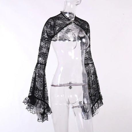 Lace Shrugs Sheer Crop Tops Long Bell Sleeves Cardigan Women Dark Gothic Wedding Punk Sexy Crochet Bolero Cover Up Shirt - Lootquake