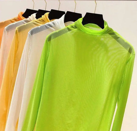 Neon Shirt for Women Long Sleeve Stand Collar Sheer Top Yellow Gold Mesh Blouse Sexy Party Club Streetwear Hip Hop Tee Tops - Lootquake