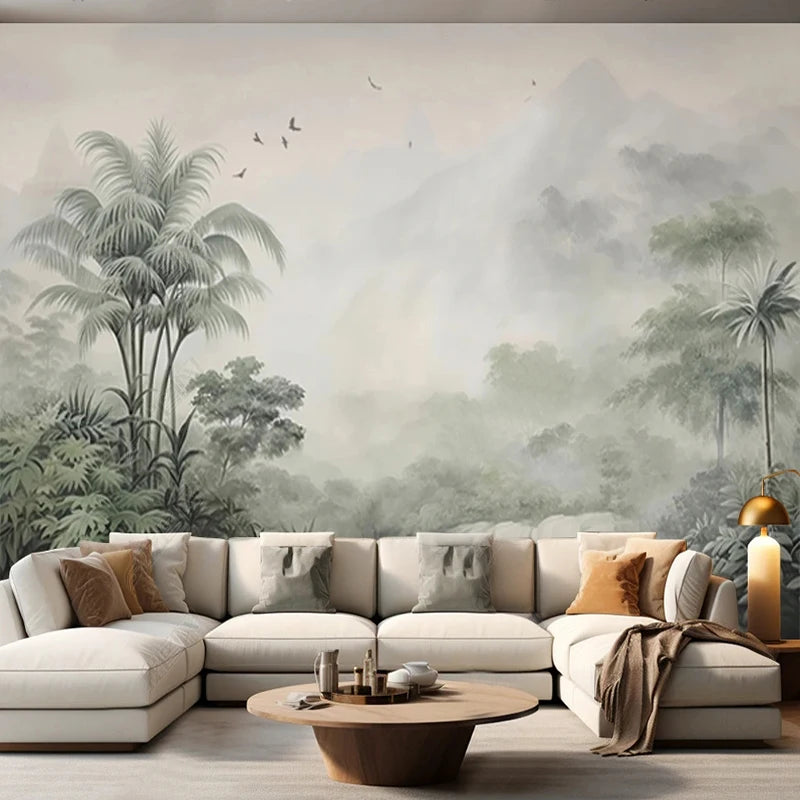 Tropical Green Plants Coconut Trees Distant Mountain Birds 3D Mural Wallpaper Restaurant Clubs KTV Bar Modern Personality Murals