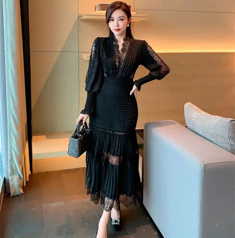 JSXDHK 2024 New Runway Designer Women Black Long Dress Elegant Spring Chiffon Patchwork Lace V Neck Lantern Sleeve Pleated Dress - Lootquake