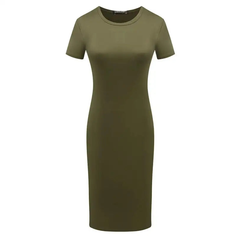 652F Women Summer Short Sleeve Plain Slim Fitted Knee Length Package Hip Long Dress - Lootquake