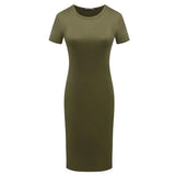 652F Women Summer Short Sleeve Plain Slim Fitted Knee Length Package Hip Long Dress - Lootquake