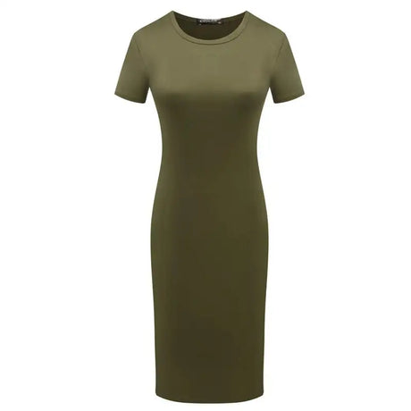 652F Women Summer Short Sleeve Plain Slim Fitted Knee Length Package Hip Long Dress - Lootquake