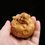 Desktop Ornaments Woodcarving Laughing Buddha Maitreya Sculpture Mini Wooden Buddha Statue Craft Miniature Handmade Statue Gift