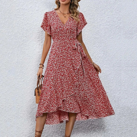 Women's Flowy Split Midi Floral Wrap Dress Summer Irregular High Waist Boho Long Dress A-Line V-Neck Holiday Beach Sundress - Lootquake