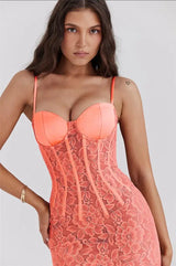 Mozision Floral Lace Sexy Maxi Dress For Women Orange Spaghetti Strap Sleeveless Backless Bodycon Club Party Long Dress Elegant - Lootquake