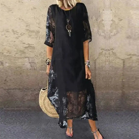 Women's Summer Round Neck Short Sleeve Lace Long Dress Vintage Handmade Hollow Flower Dress Lace Loose Casual Long Dress - Lootquake