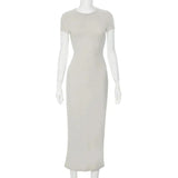 BWQ 2024 Women Solid Color Slim Short Sleeve Casual Pullover Sumer Long Dress Skinny Sexy Daily Dress - Lootquake
