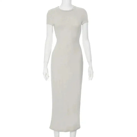 BWQ 2024 Women Solid Color Slim Short Sleeve Casual Pullover Sumer Long Dress Skinny Sexy Daily Dress - Lootquake