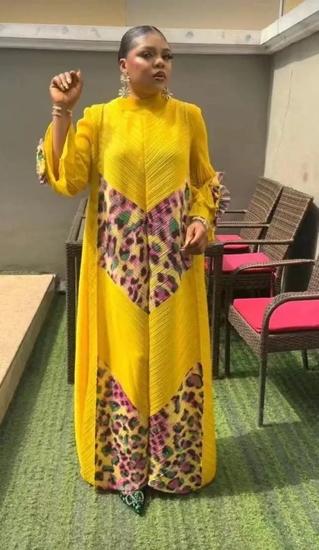2024 Miyake Fashion Splicing Leopard Print Maxi Dress with Round Neck Hand Shake Flower Horn Sleeves Long Loose Fit Long Dress - Lootquake