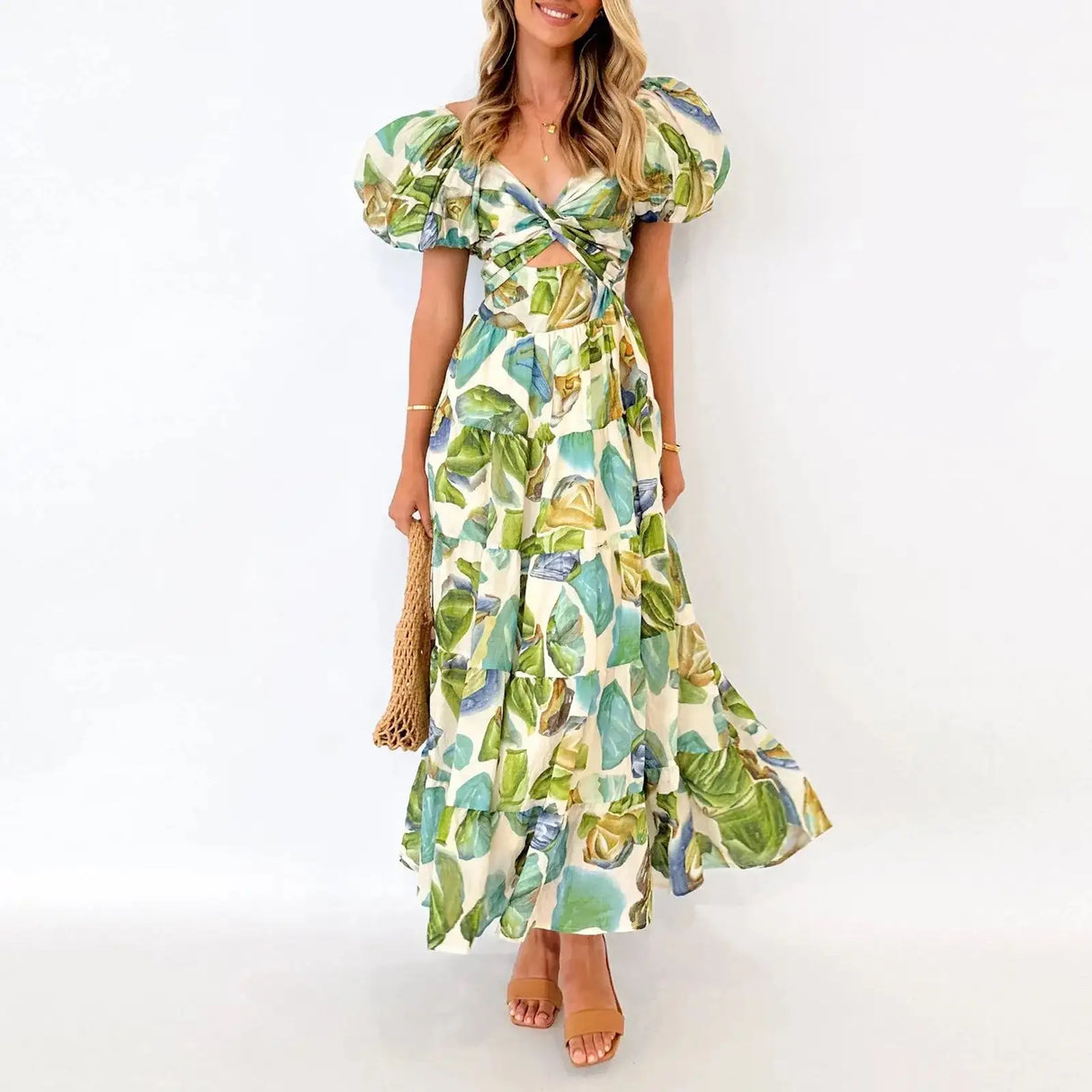 Summer V Neck Cutout Floral Print Dresses Elegant Women Puff Short Sleeve Casual Dress Pleated Waisted Swing Beach Long Dress - Lootquake
