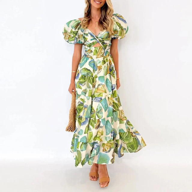 Summer V Neck Cutout Floral Print Dresses Elegant Women Puff Short Sleeve Casual Dress Pleated Waisted Swing Beach Long Dress - Lootquake