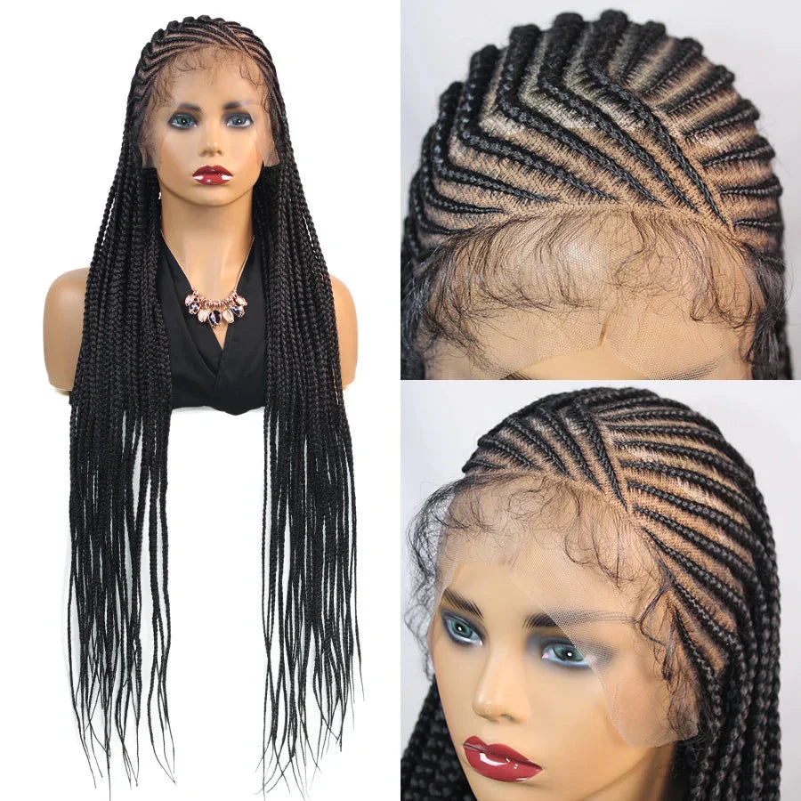 36" Knotless Box Braids Wig | Fulani Cornrows | 360 Full Lace | Baby Hair | Black Women