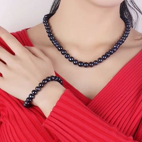 Women Natural Black Freshwater Pearl Jewelry Sets,925 Sterling Silver Necklace&Bracelet,9-10mm Beads Jewelry,Life Tree Buckle - Lootquake