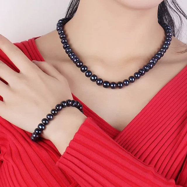 Women Natural Black Freshwater Pearl Jewelry Sets,925 Sterling Silver Necklace&Bracelet,9-10mm Beads Jewelry,Life Tree Buckle - Lootquake