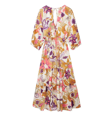 TRAFZA Vintage Flower Print Long Dress Women V Neck Short Sleeve Hollow Out Sexy Beach Dress Fashion 2024 Summer Holiday Dress - Lootquake