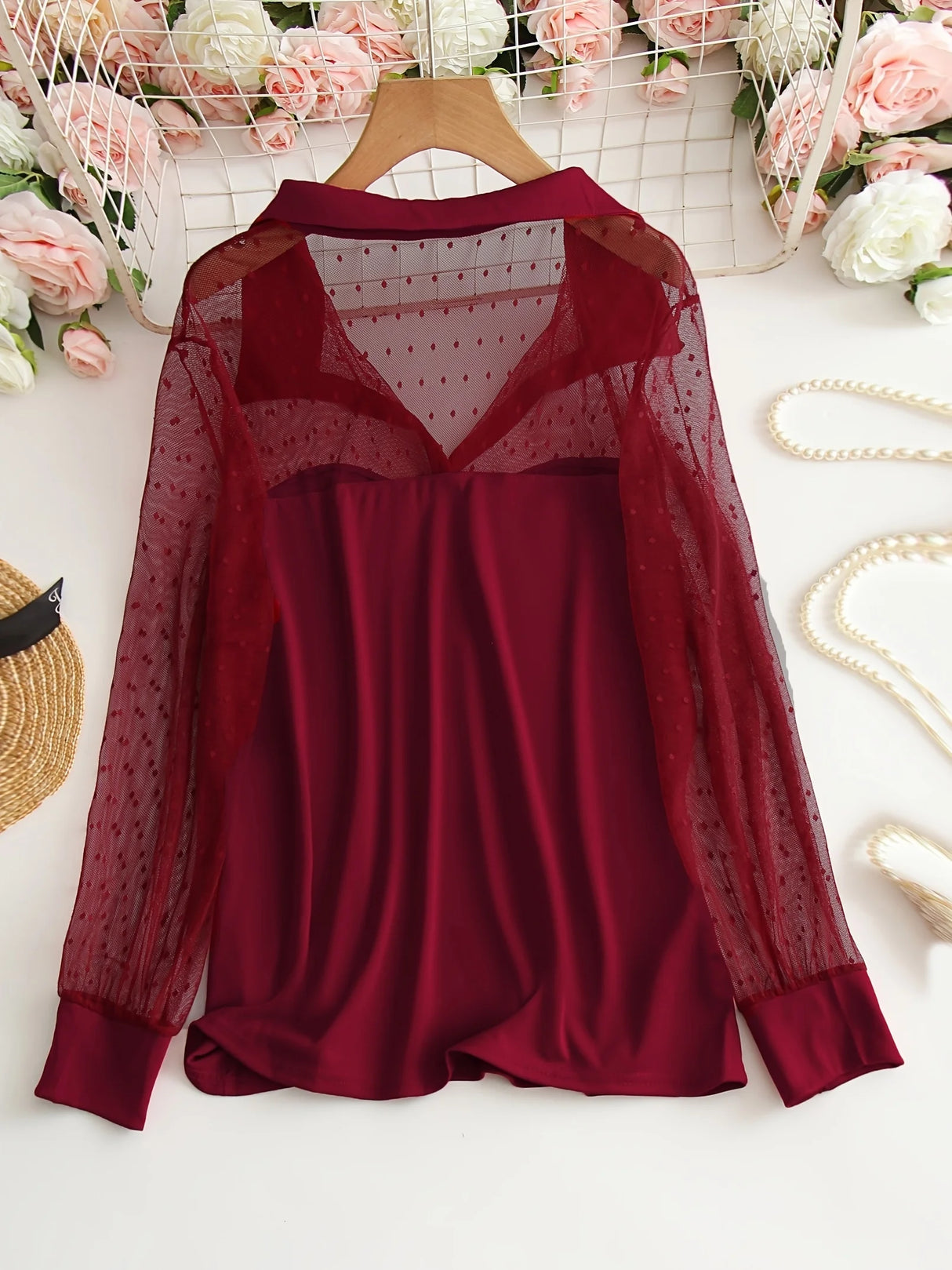 Mesh Splicing Collared Blouse, Elegant Long Sleeve Slim Top For Spring & Fall, Women's Clothing - Lootquake