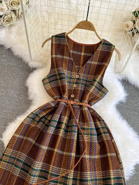 Autumn Winter Plaid Woolen Dress Women Vintage V Neck Sleeveless Long Dress With Belt Streetwear Sundress - Lootquake